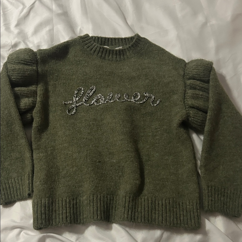 Mango Olive Sweater with Embellished 'Flower' Text